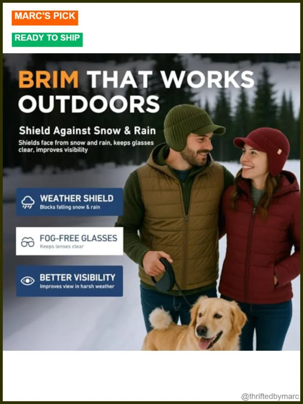 DryKnit Waterproof Merino Wool Beanie with Brim Ear Flaps Fleece Lined Ski Cap
